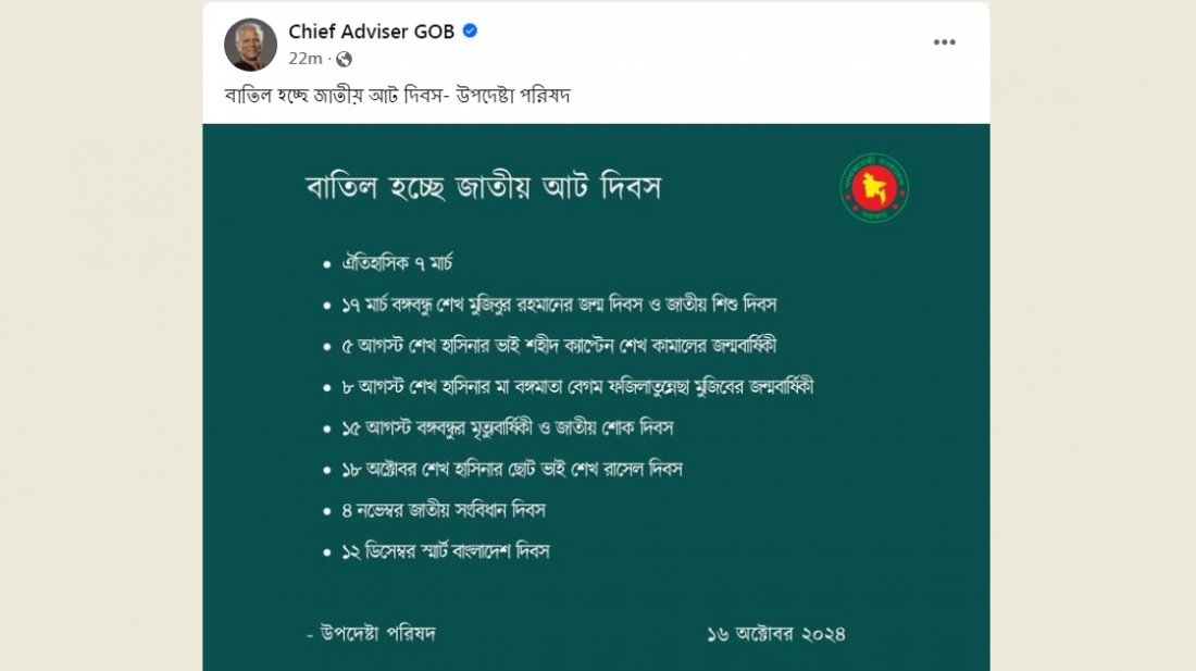 ৭ মার্চ ও ১৫ আগস্টসহ বাতিল হচ্ছে জাতীয় আটটি দিবস